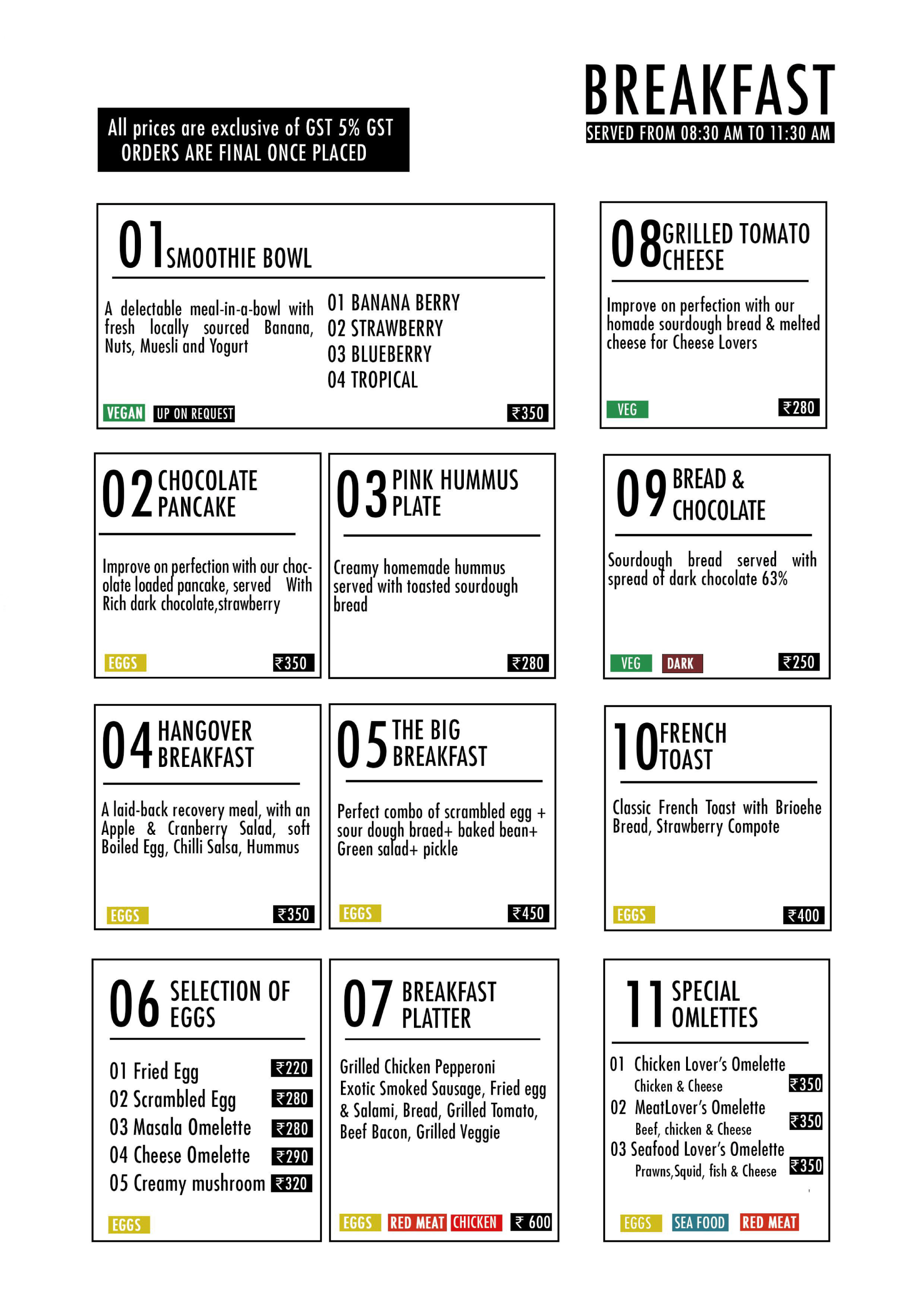 Breakfast Menu - Served 08:30 AM to 11:30 AM