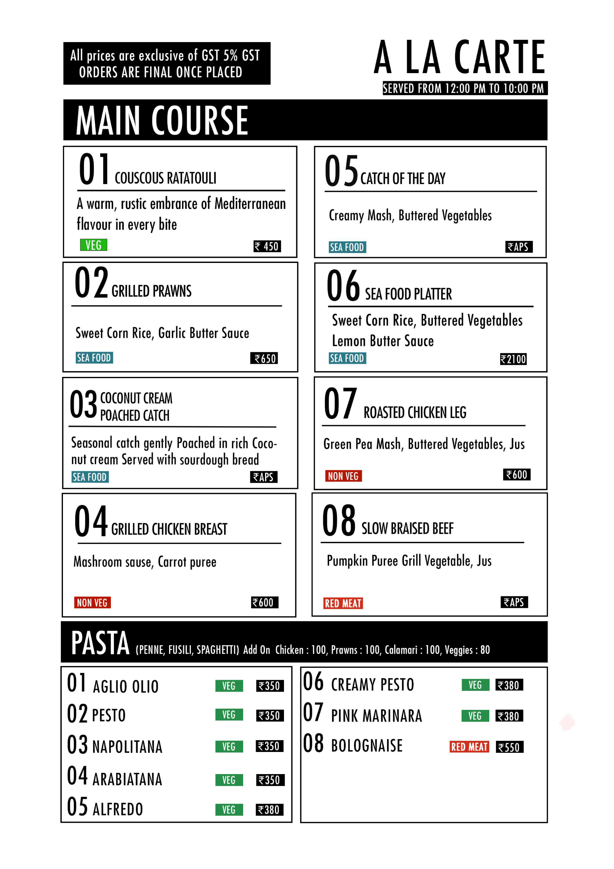 Main Course & Pasta - A La Carte Menu